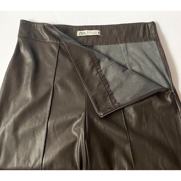 Zara Pants Womens Size Large Brown Faux Leather Wide Leg Crop Straight Read - Picture 4 of 14